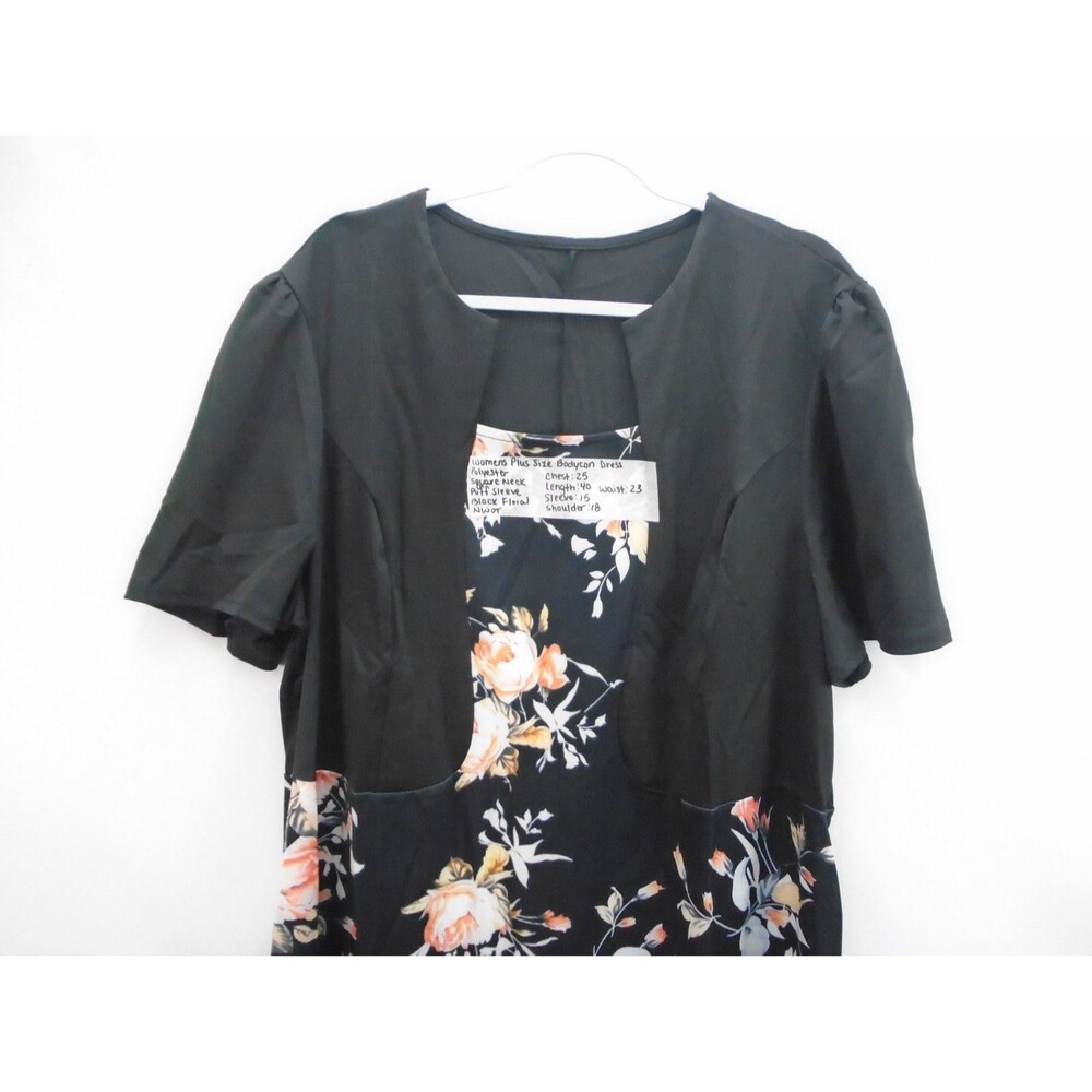 Black Midi Bodycon Fitted Dress 90s Black Flower Print Womens Plus Size 4XL - Picture 3 of 7